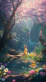 Pastel woodland stream with stylized rabbits under cherry blossom