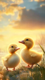 Golden sunset illuminates two playful ducklings by water