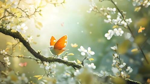 Hybrid songbird with butterfly wings on sunlit blossoms.