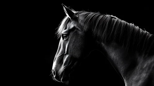 Horse head profile in high contrast monochrome lighting