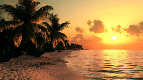 Sunset light intersects palm-lined shoreline and calm sea