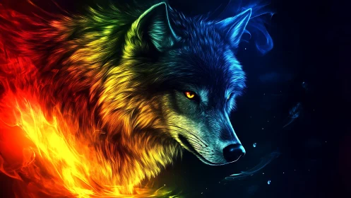 Digital painting of a chromatic fire-and-ice wolf profile portrait.