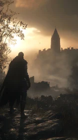Lone cloaked warrior approaches mist-shrouded gothic fortress at dusk