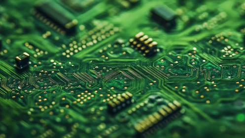 Intricate green circuit board glowing with tiny pathways.