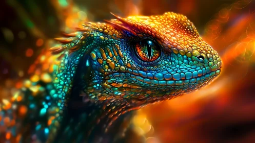 Radiant rainbow lizard gazing through swirling neon light.
