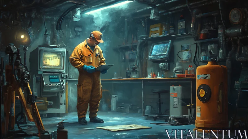 Engineer reviews blueprints in a moody underground workshop