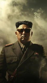 Smoky light crowns a stern officer frozen in cinematic pose