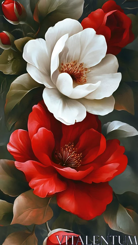 Red and White Peonies Blooming in Artistic Splendor.