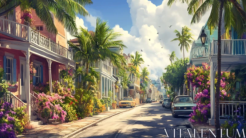 Tropical residential street shows colorful houses and parked cars