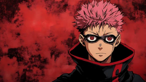 Fierce masked anime hero stands tall against burning red storm