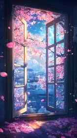 Spring-lit open window framing cherry blossom skyline.