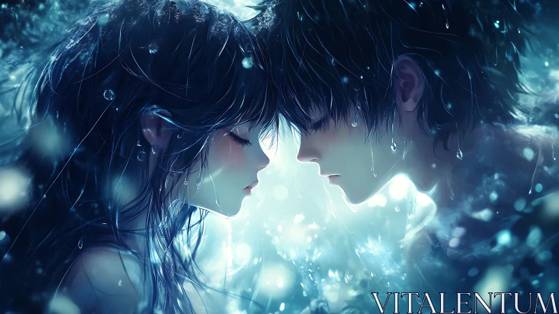 Anime couple close together underwater in blue glow.