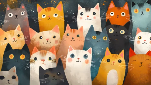 Whimsical Feline Congregation: Stylized Cats with Luminous Eyes and Expressive Characteristics.
