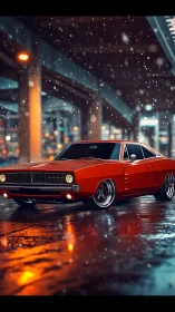 Muscle car prowls slick city streets beneath drifting snow