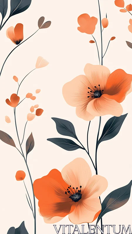 Coral Poppies and Botanical Stems in Minimalist Design.