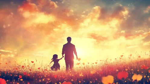 Parent and Child in Poppy Field at Golden Hour.