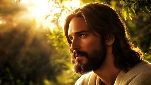 Bearded man gazes through golden sunset in lush garden