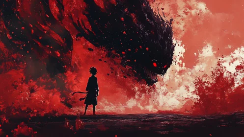 Lone warrior confronts colossal red-eyed shadow beast.