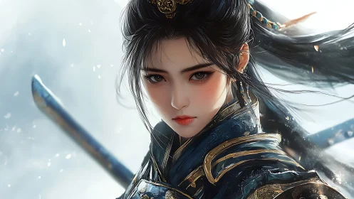 Stoic warrior maiden gazes forward in swirling winter light