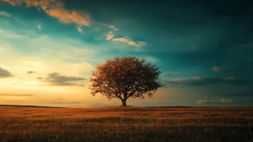 Lone tree in golden field at sunset with dramatic sky, digital art.
