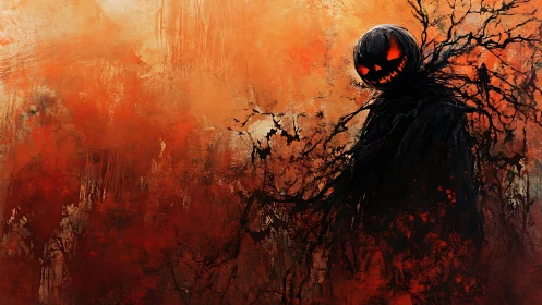 Pumpkin-headed shadow wreathed in fiery autumn haze.