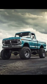 Sky-high vintage pickup waiting for the next muddy adventure.