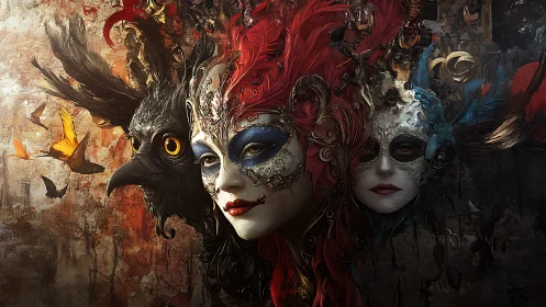 Baroque masquerade triptych with ornate avian hybrids.