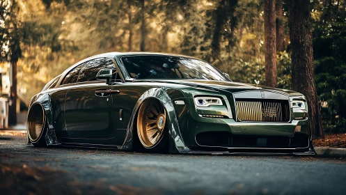 Green widebody luxury sedan with extreme lowered stance.