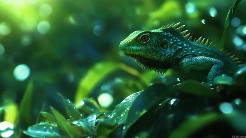 Curious green lizard resting in glowing jungle leaves.
