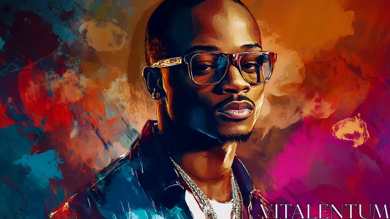 Portrait shows stylized man with glasses against vivid backdrop