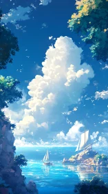 Cloud towers escort quiet sailboats through painted summer