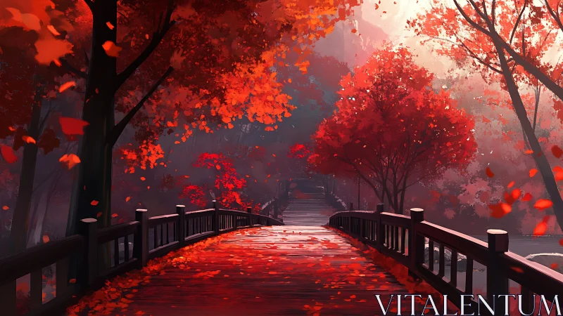 Autumn bridge glows beneath a canopy of crimson leaves.