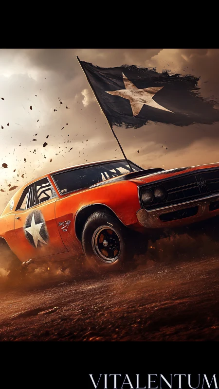 Dynamic muscle car rally with star-flag cinematic framing.