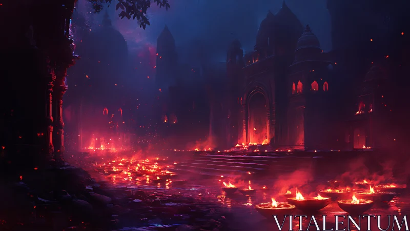 Temple courtyard ablaze with ritual firelight at night.