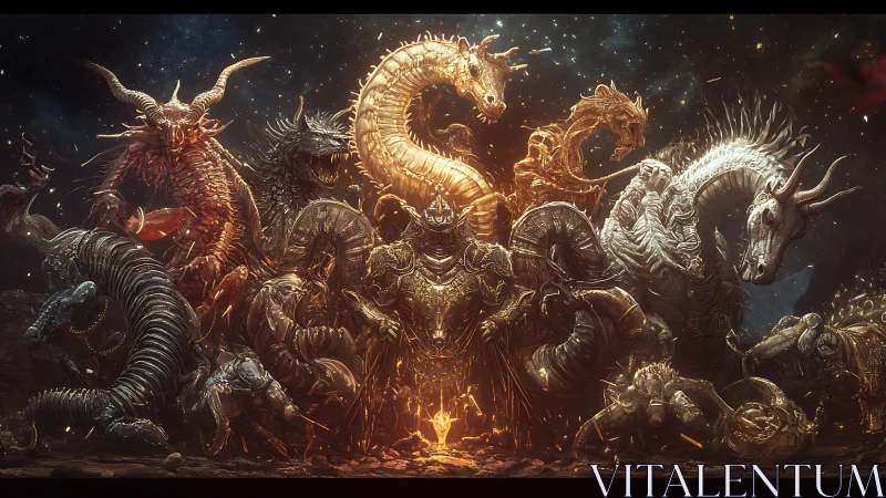 Digital painting tableau of armored dragons in celestial confrontation.