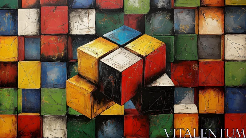 Textured chromatic cube matrix with central volumetric cluster.