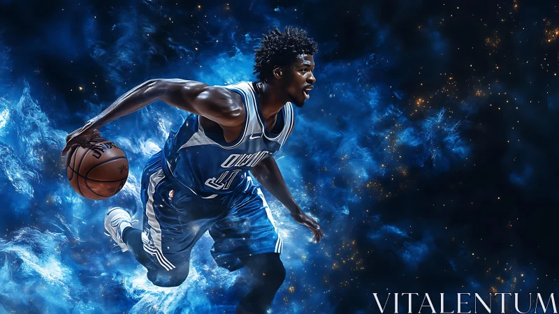 Basketball player in blue uniform amid abstract blue field.