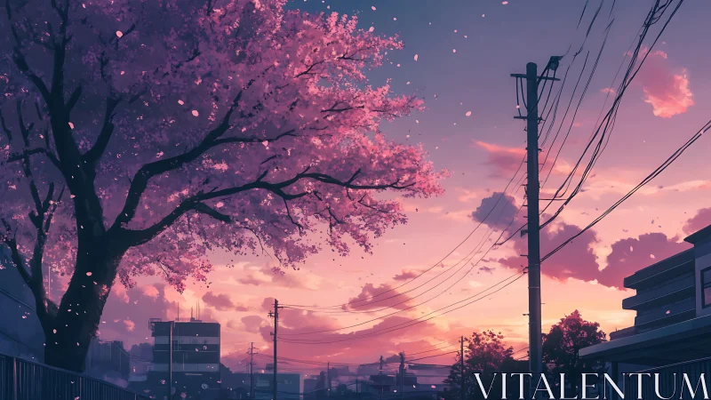 Urban street with cherry tree under pink evening sky.