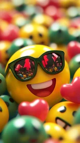 Cool emoji king beams through a carnival of glossy hearts.