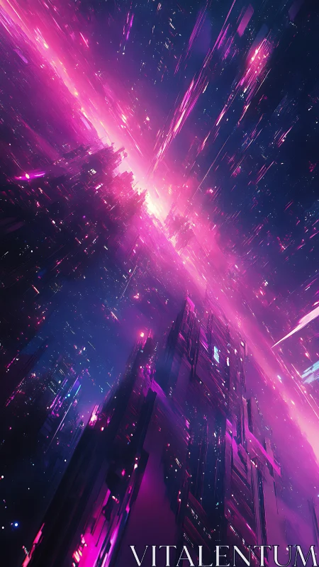Cyberpunk neon rift skyline in dynamic vertical perspective.