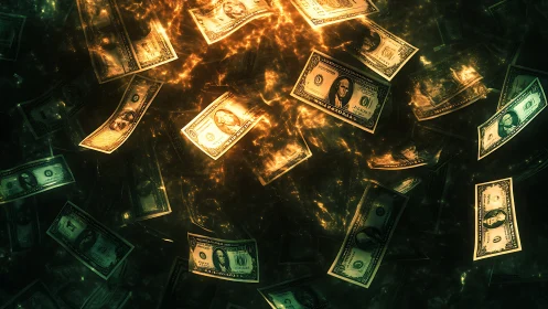 U.S. dollar banknotes suspended in dark illuminated space.