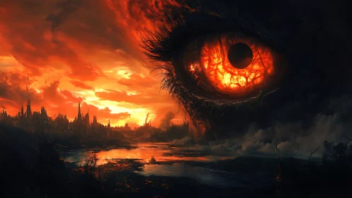 Burning dragon eye looms above apocalyptic ruined cityscape.