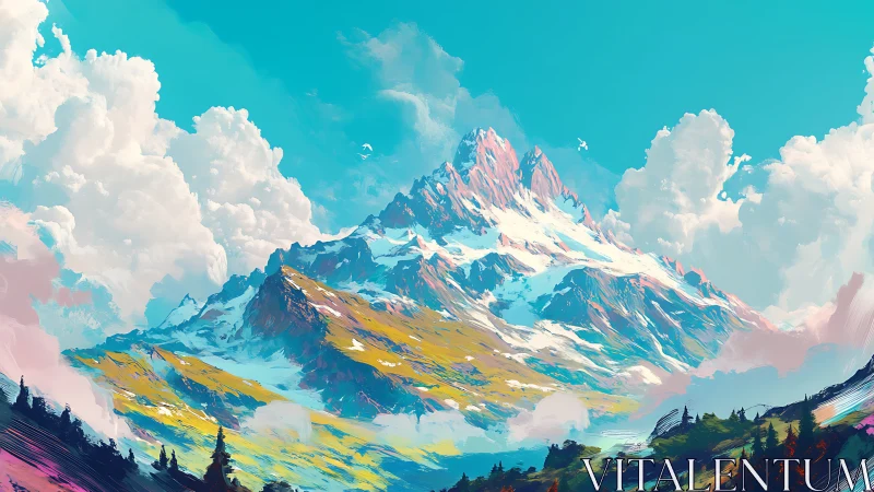 Snow-covered mountain ridge rises beneath dense cloud formations