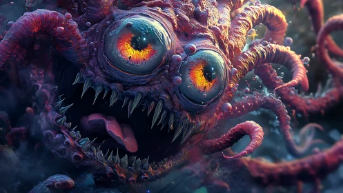 Wild many-eyed monster floats close with glowing curiosity