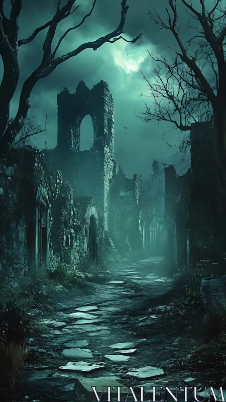 Moonlit ruined alleyway with gothic stone tower and fog depth