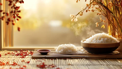 Steaming rice bowls in warm autumn window light ambiance.