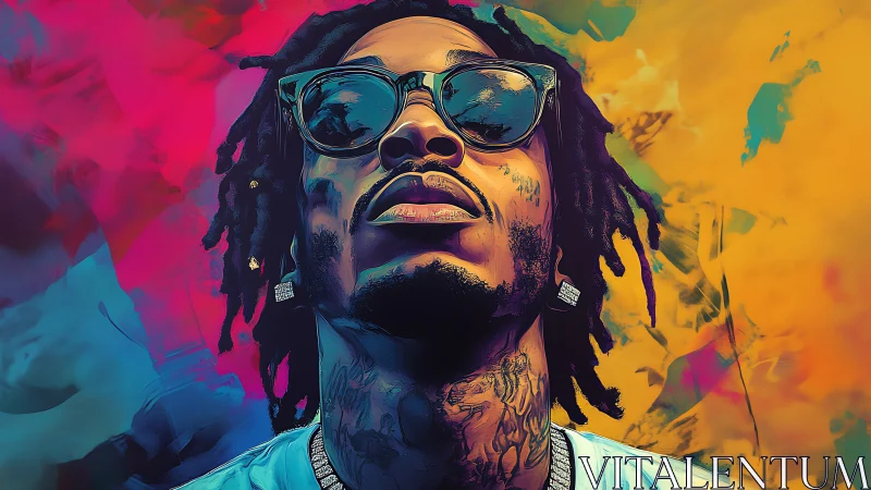 Neon-soaked rap monarch under liquid graffiti skies.