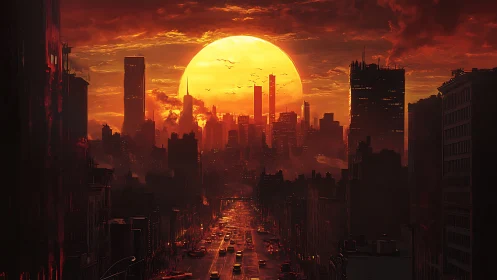 Digital painting skyline with apocalyptic sun and traffic gridlock.
