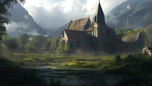 Morning fog braids silence around a mossy riverside abbey