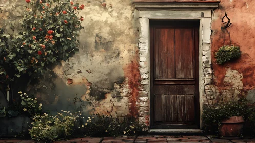 Weathered garden doorway wrapped in rust and climbing blooms.